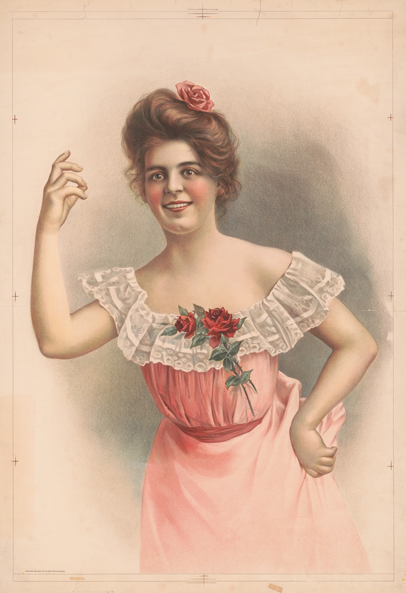Gray Litho. Co - Woman with pink rose in hair wearing pink dress with red roses on the front