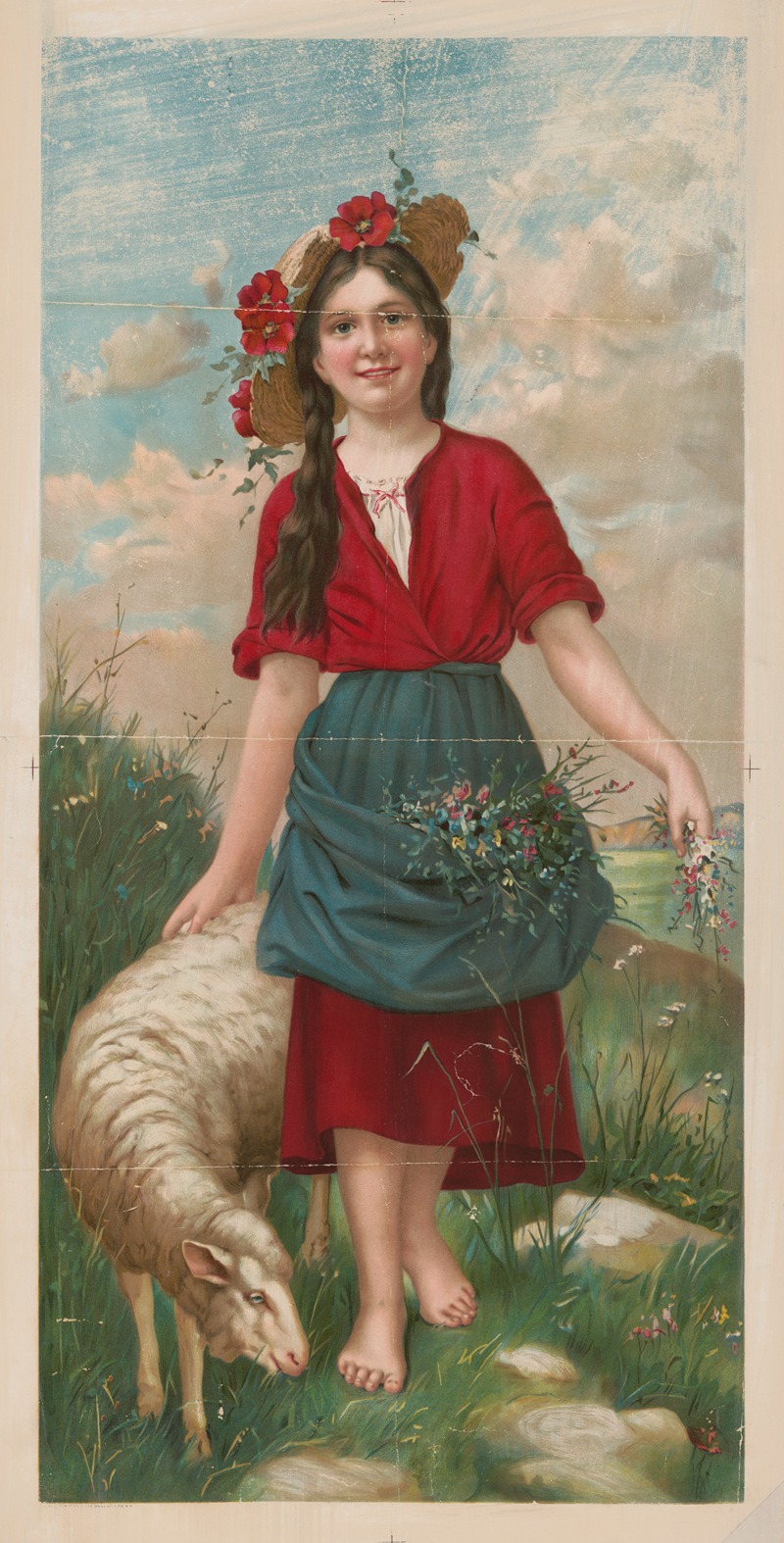 Gray Litho. Co - Young girl, wearing a red dress and blue apron full of wildflower