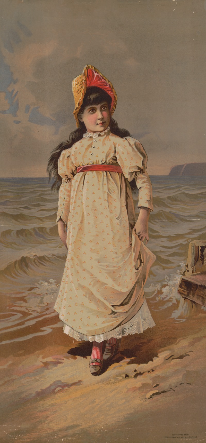 Henderson-Achert-Krebs Lith. Co. - Girl with dark brown hair standing on the beach