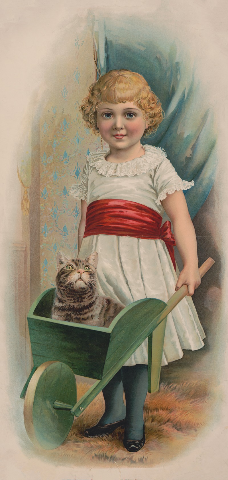 Julius Bien & Company - Girl pushing cat in green wheelbarrow