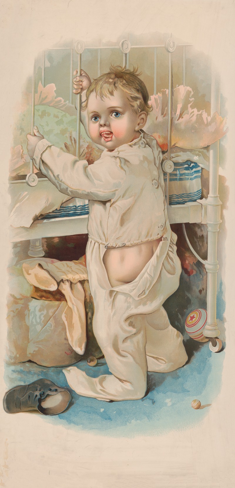 Julius Bien & Company - Infant standing outside of crib
