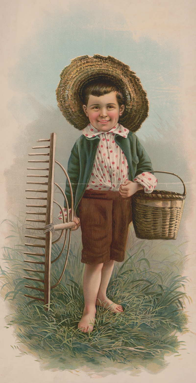 Julius Bien & Company - Little boy with straw hat, basket, and rake