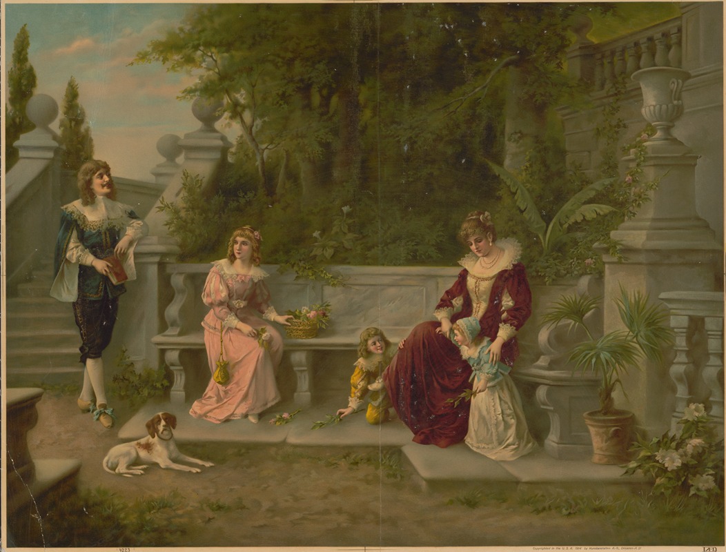 Kunstanstalten A.G. - Woman, man, and children at bench in garden