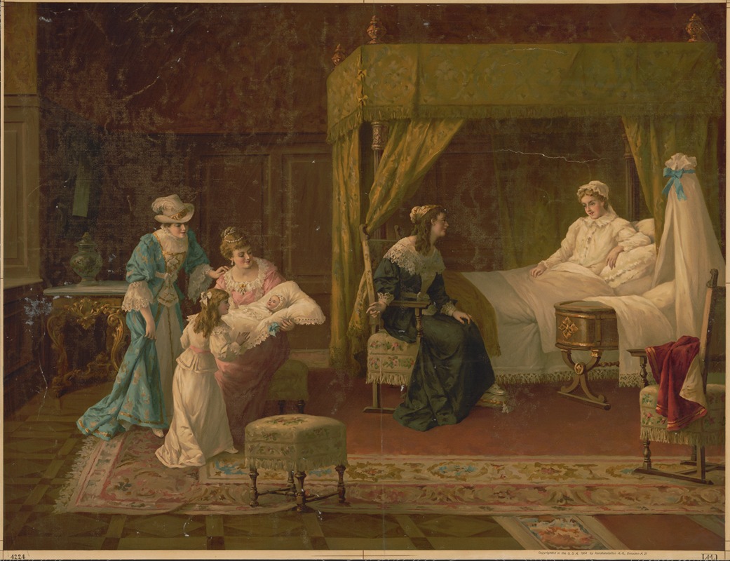 Kunstanstalten A.G. - Women admiring new baby while mother rests in bed
