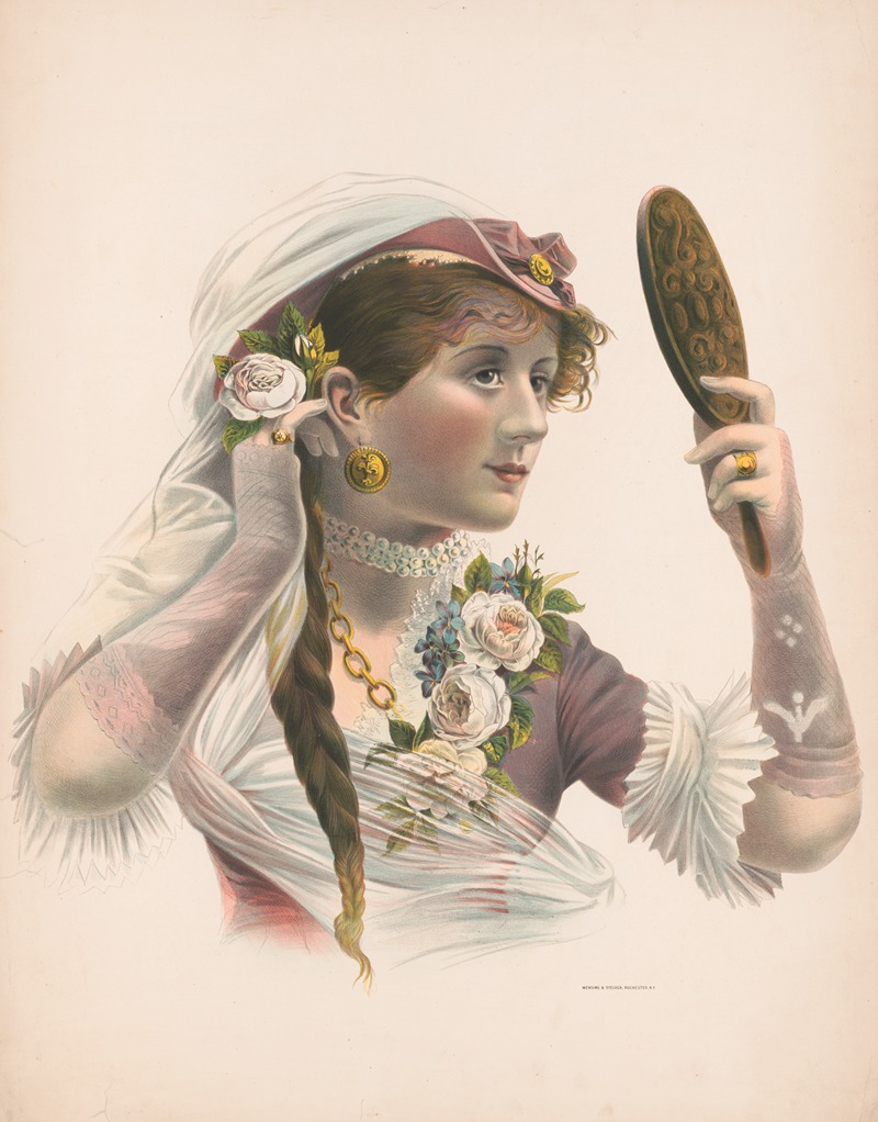 Mensing & Stecher - Woman looking in mirror admiring rose in her hair