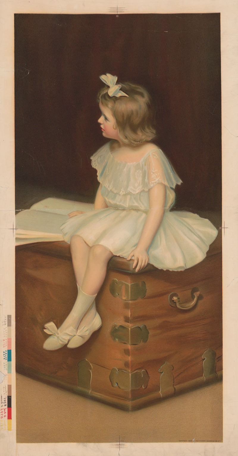 Robert Chapman Co. - Young girl, wearing a white and blue dress, sitting on a trunk reading a book