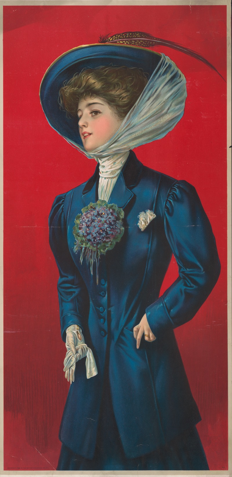 Sackett & Wilhelms Co. - Woman in blue hat and coat with flower corsage on lapel