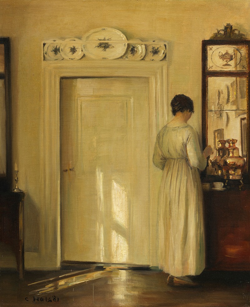 Carl Vilhelm Holsøe - Interieur mit Frau beim Teekochen