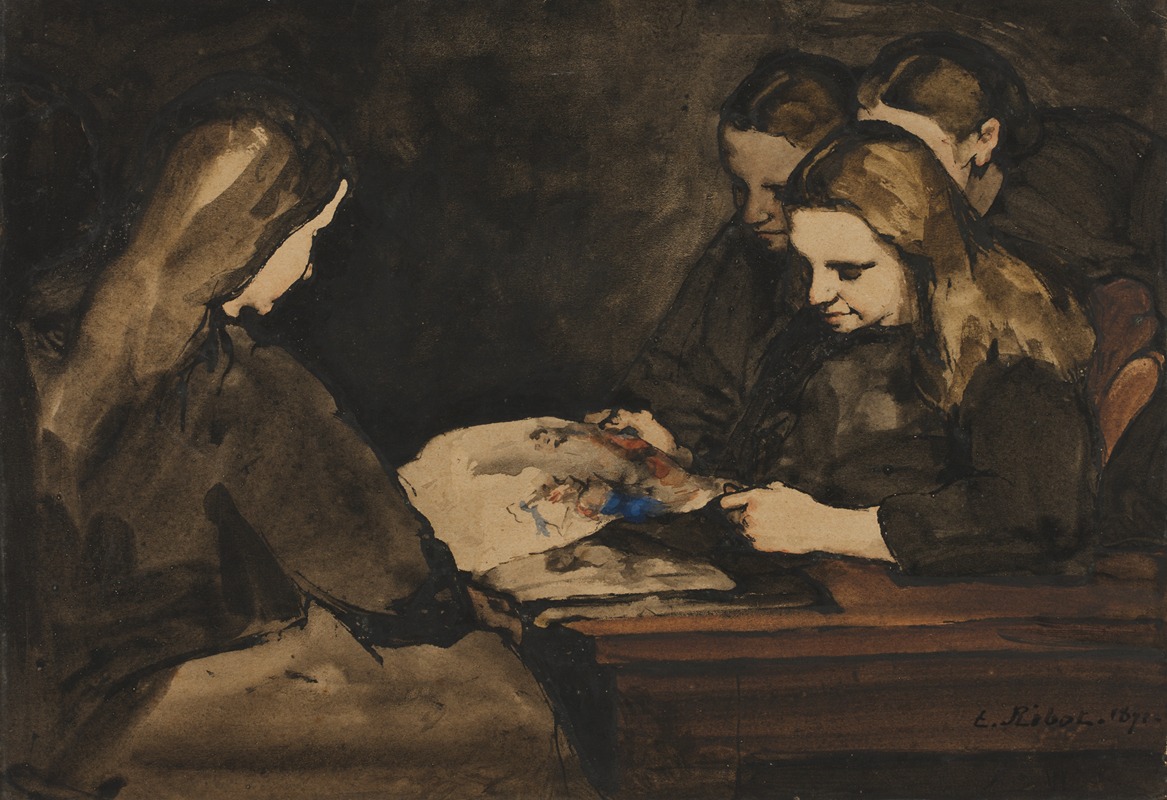 Théodule Ribot - Four Girls Studying a Drawing