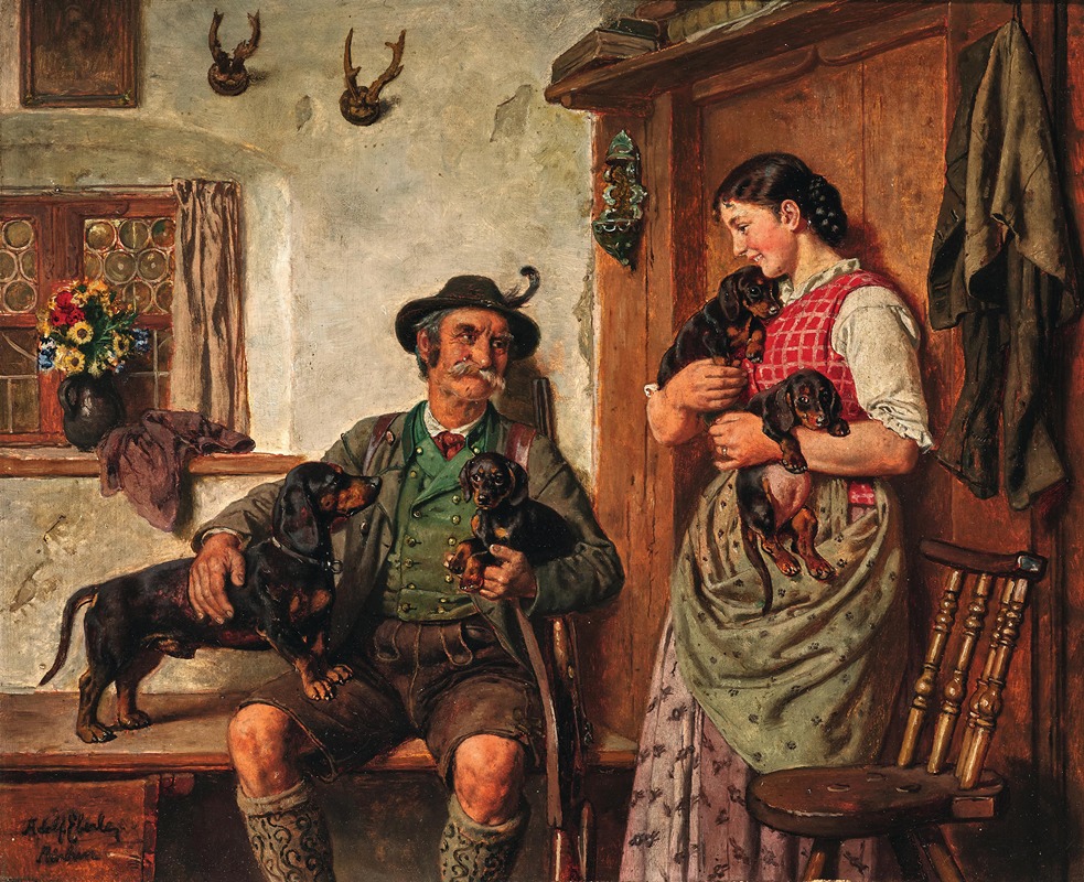 Adolf Eberle - A Hunter with Alpine-Dachsbracke Puppies