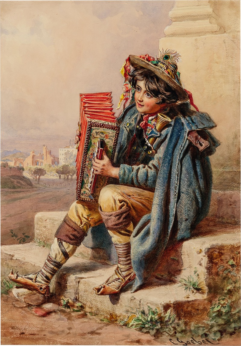 Carl Goebel - An Italian boy with a harmonica in an Italian landscape with ruins