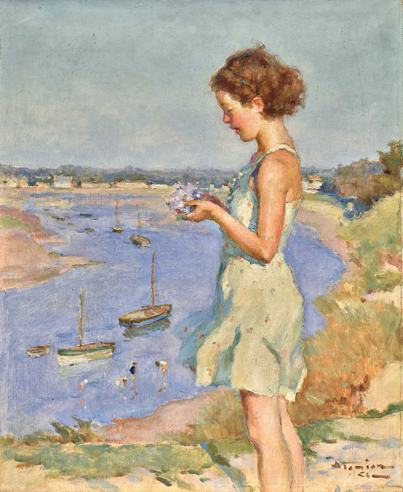 Charles Atamian - Jeune fille avec un hortensia bleu, Saint-Gilles-Croix-de-Vie