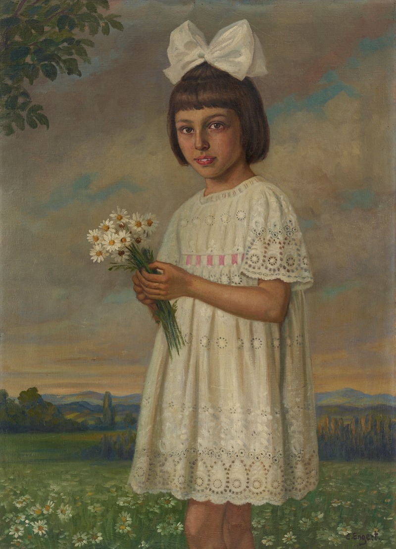 Emil Engert - Girl with Bouquet of Daisies set against a Landscape