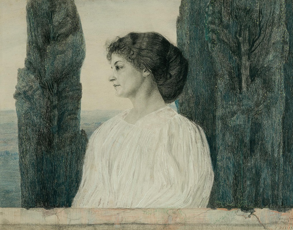 Emilie Mediz-Pelikan - A lady in white and in profile against a southern landscape with cypresses