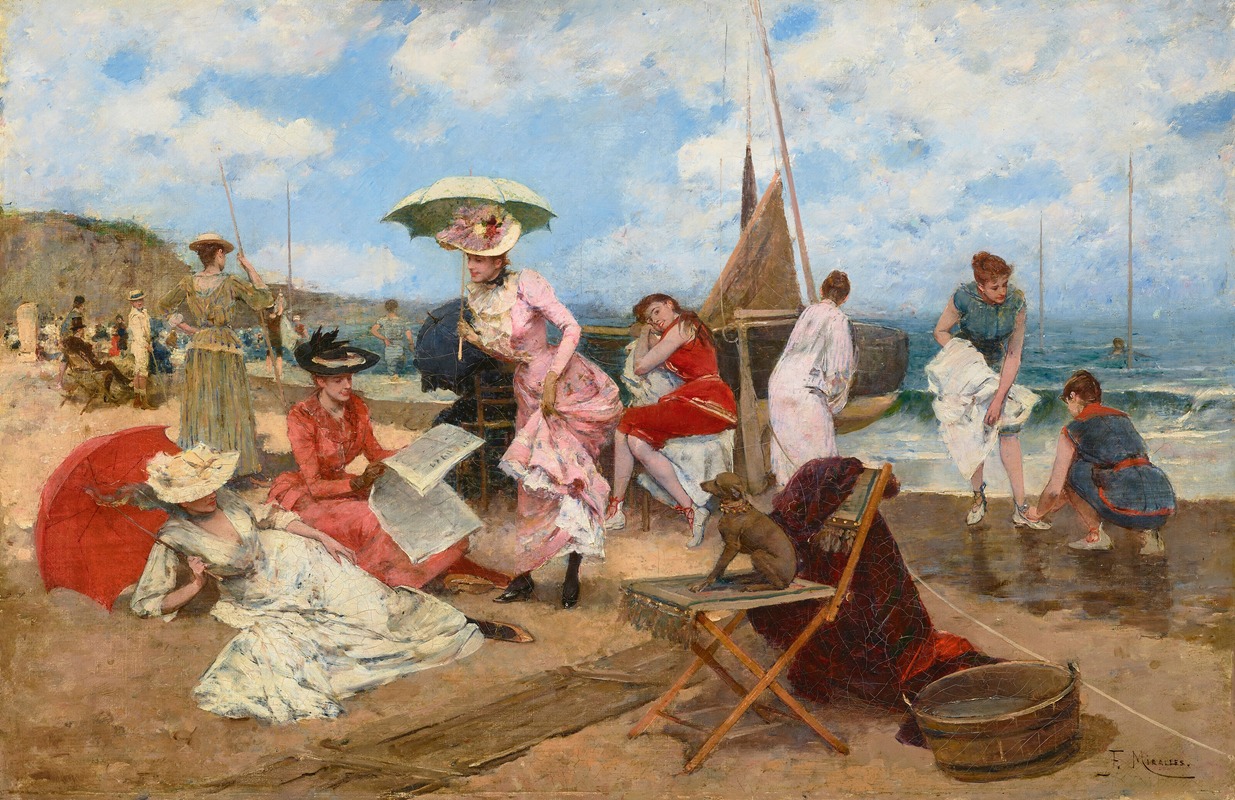 Francisco Miralles Y Galup - Mujeres elegantes en la playa con perro