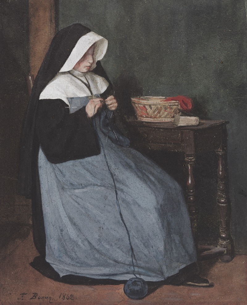 François Bonvin - A Nun Seated at a Table Knitting