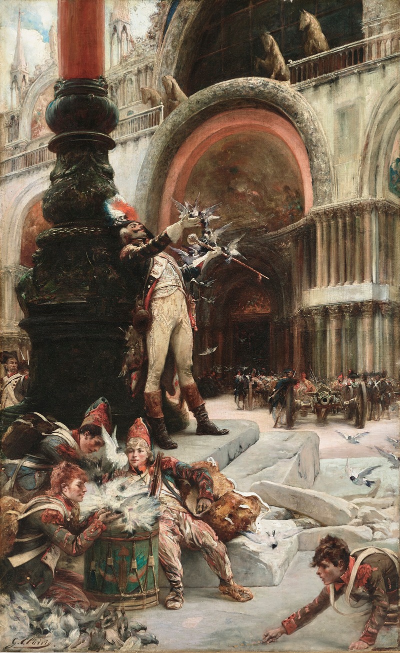 Georges Jules Victor Clairin - Tambour-major de l’armée française donnant à manger aux pigeons de la place Saint-Marc à Venise