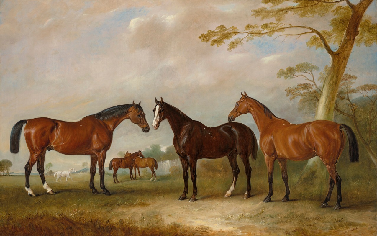 John Ferneley - Intrepid, Conqueror and Bay Bolton with Silkman and Darnley beyond in a landscape