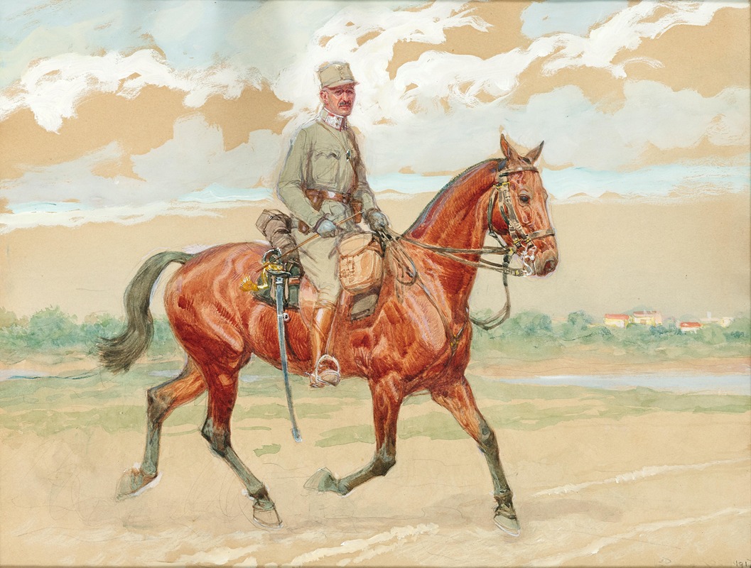 Ludwig Koch - A soldier on horseback in a river landscape