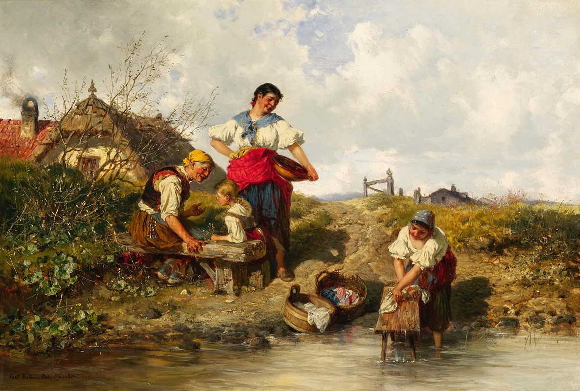 Pal Böhm - A Family Idyll with Washerwomen by a River