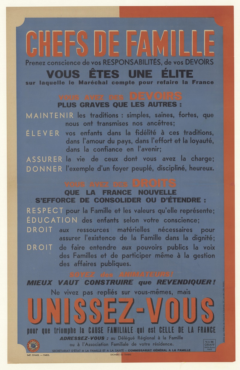 Office de Publicité Générale - Chefs de famille. vous êtes une élite sur laquelle le Maréchal compte pour refaire la France