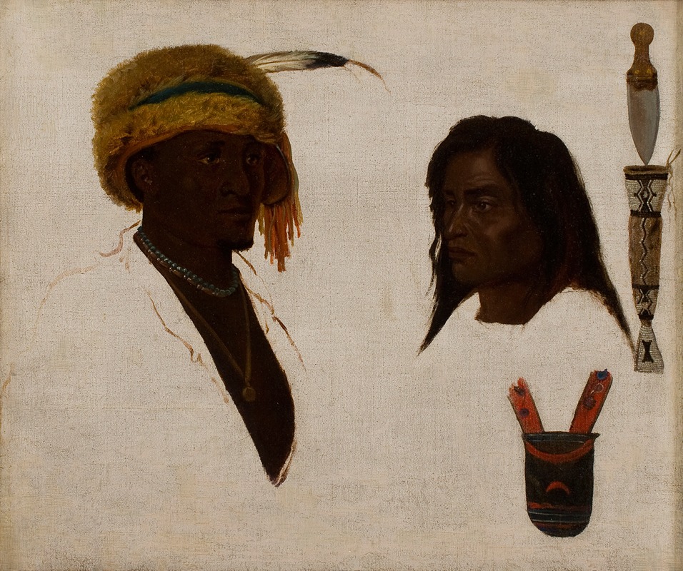 Charles Ferdinand Wimar - Studies of Two Native Americans, Knife, and Beaded Scabbard, Decorated Pouch