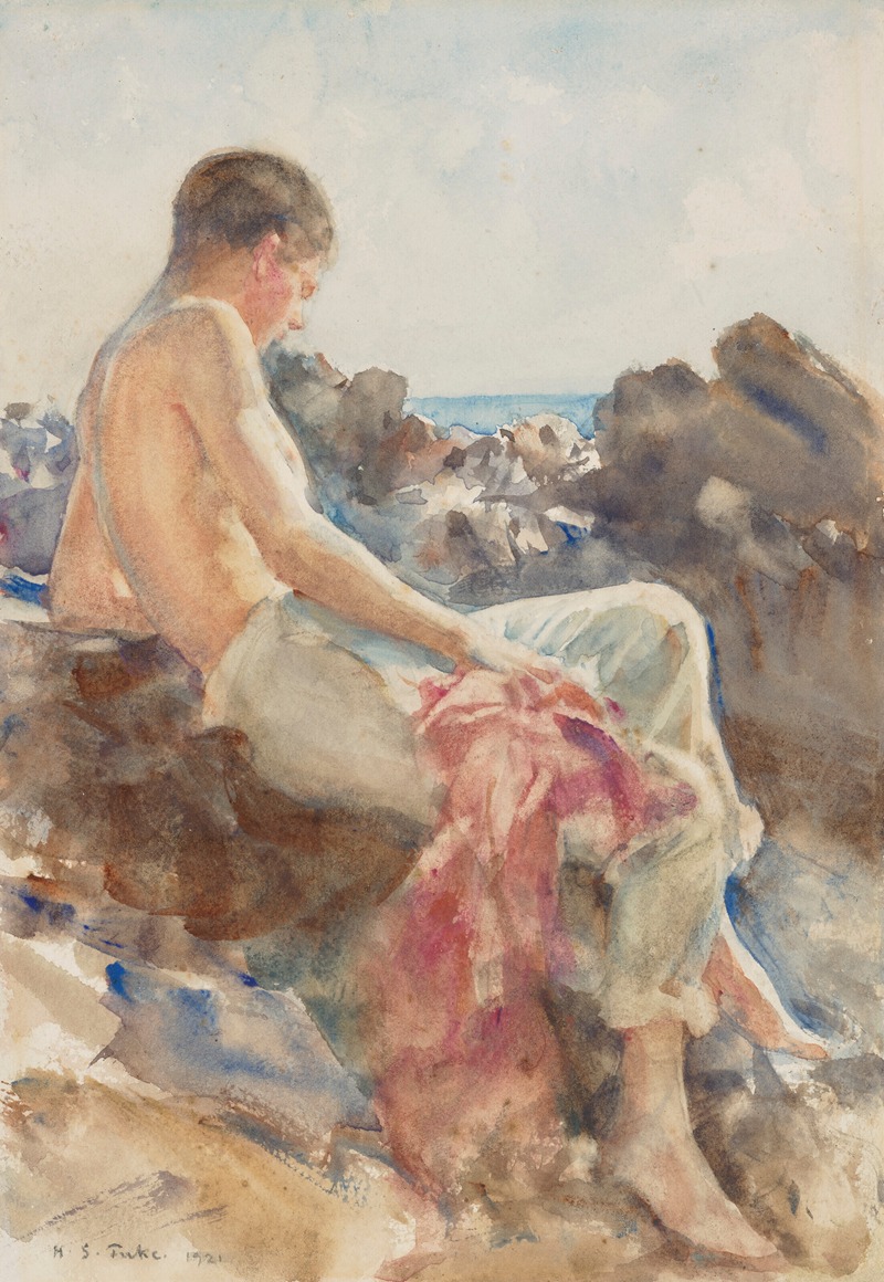 Henry Scott Tuke - A bather on the rocks