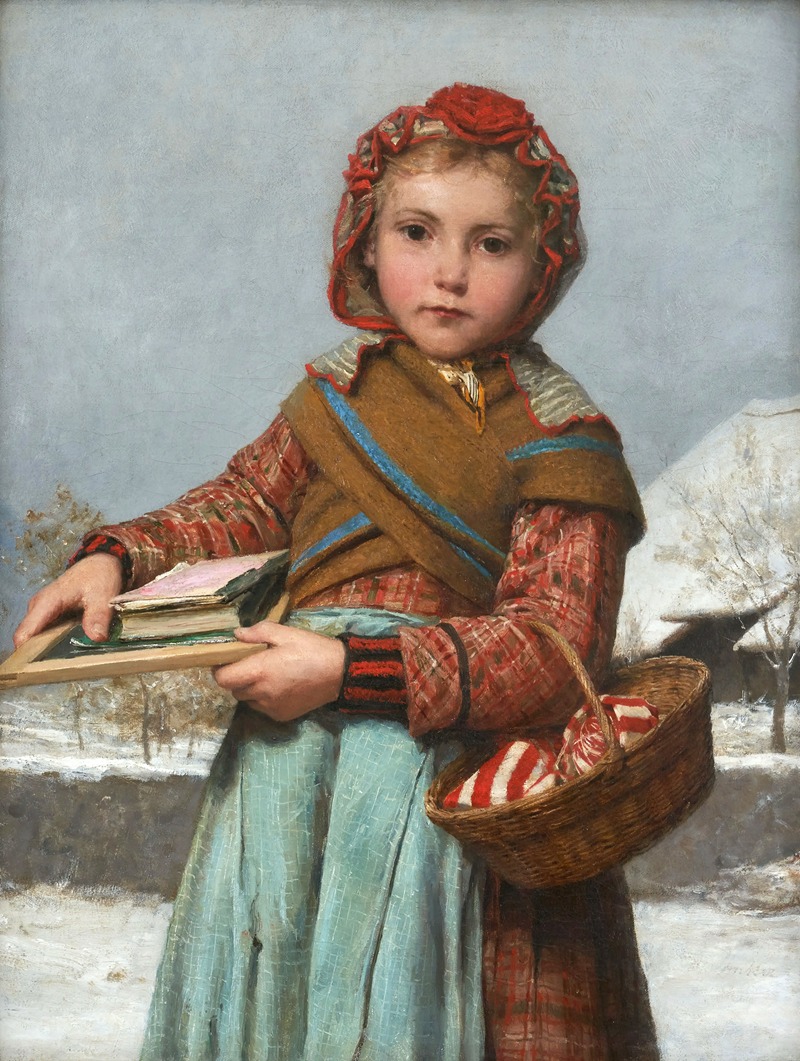 Albert Anker - School girl with slate board and sewing basket