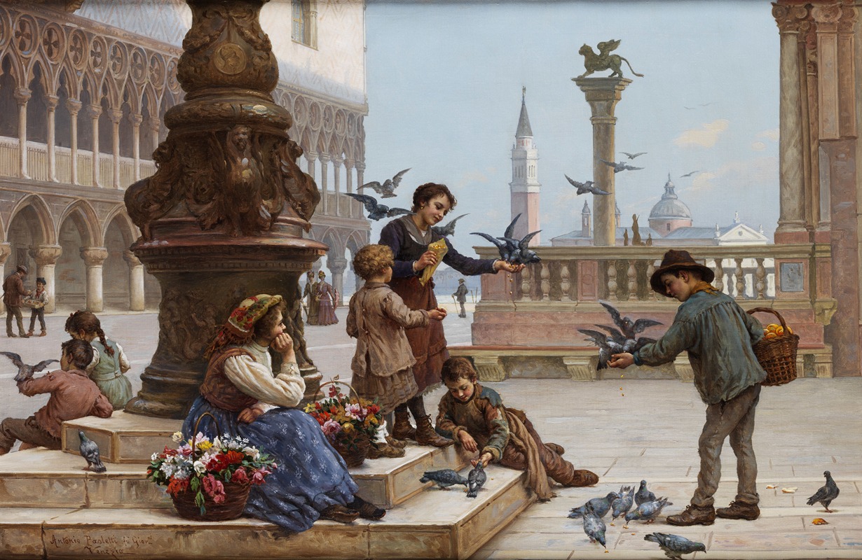 Antonio Ermolao Paoletti - Tauben fütternde Kinder in Venedig