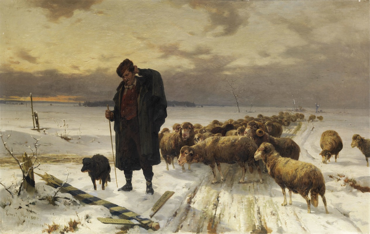 Ernst Adolf Meissner - Schäfer mit Herde in Winterlandschaft