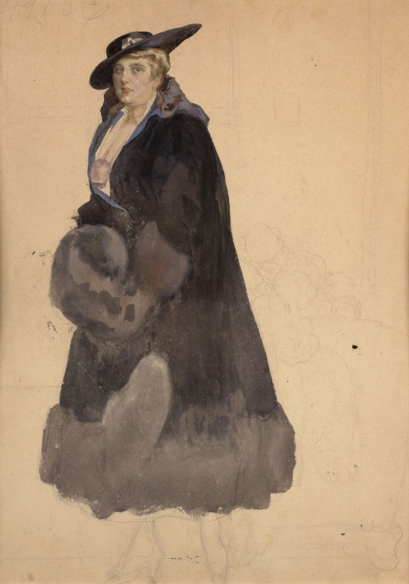 Franz von Bayros - Study of an elegant woman in a black coat