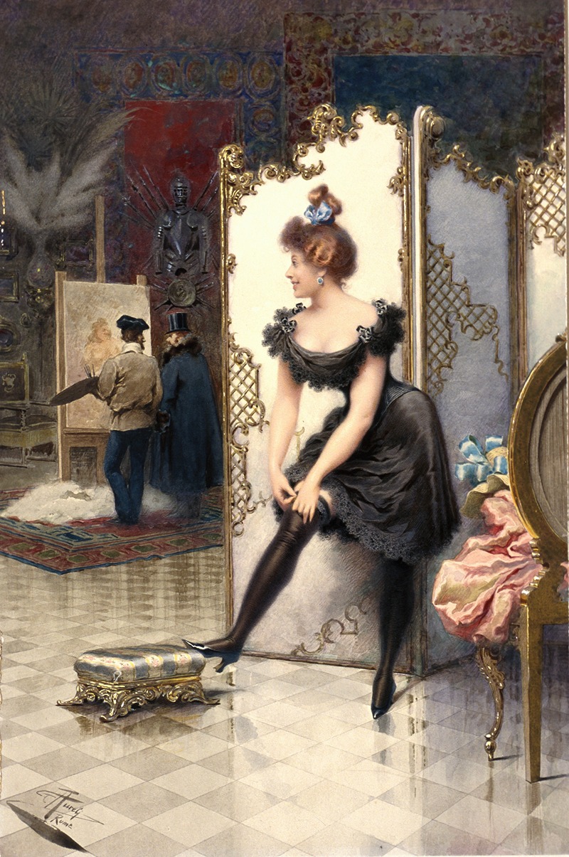 Giuseppe Aureli - A Model Fastening Her Garter in an Artist’s Studio