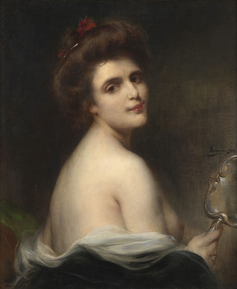 Henri Adrien Tanoux - Portrait en buste de jeune femme au miroir