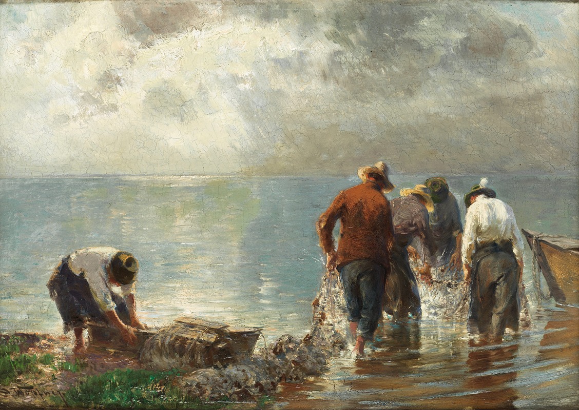 Josef Wopfner - Fishermen hauling in nets on Lake Chiemsee