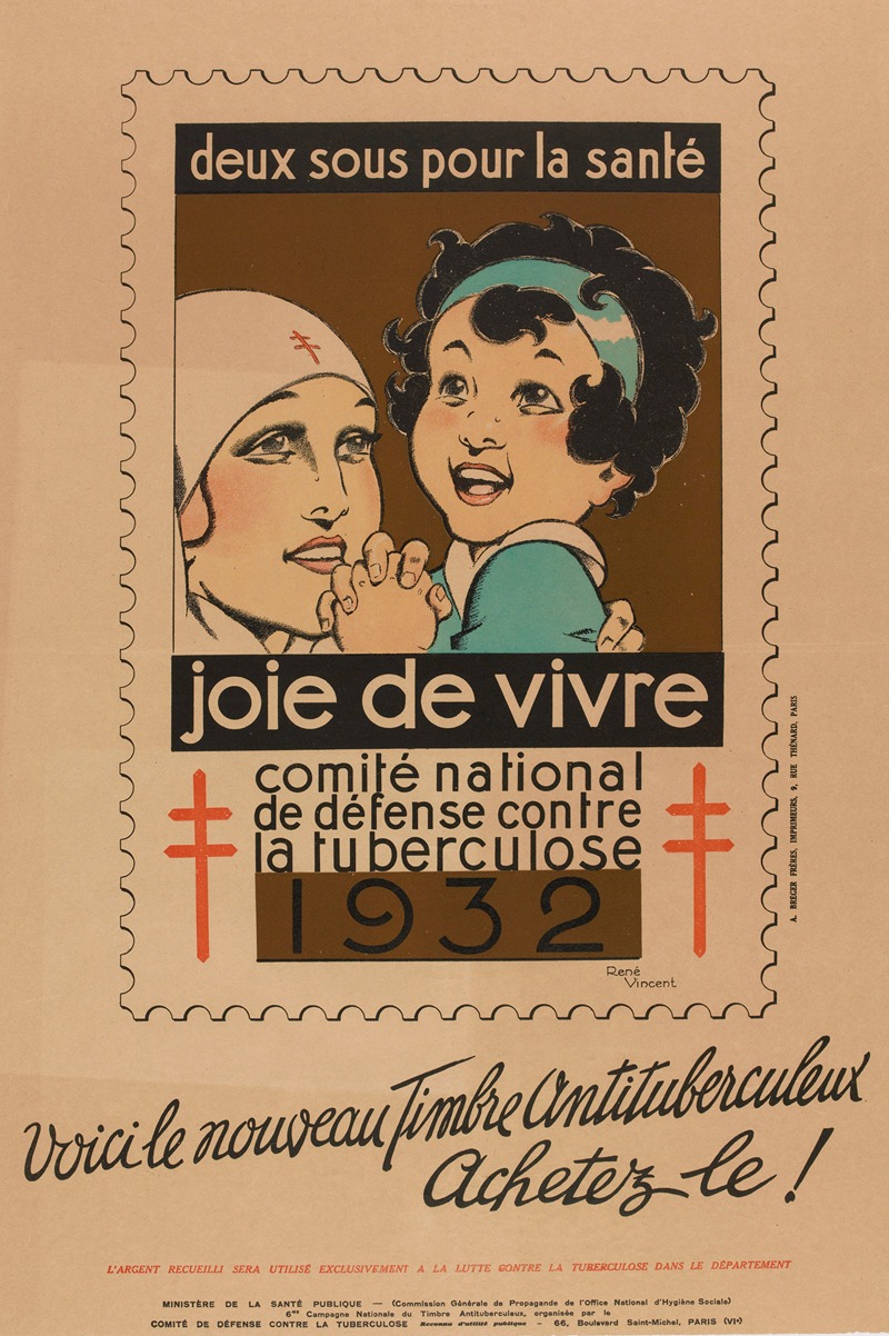 René Vincent - Deux sous pour la santé. Joie de vivre. 1932. Voici le nouveau Timbre Antituberculeux. Achetez-le!