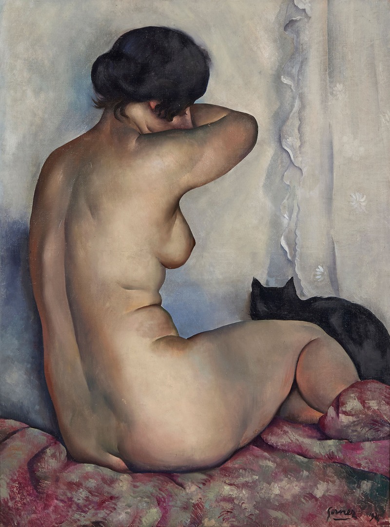 Paul-Elie Gernez - Nude from behind with black cat