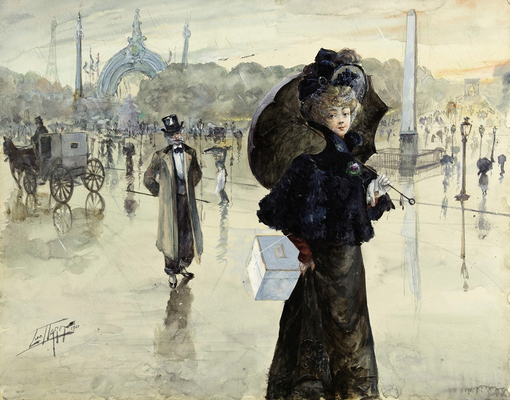 Lucien Gilbert Darpy - Trottin sur la place de la Concorde par temps de pluie