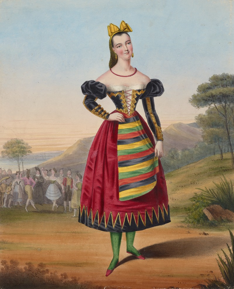 Anonymous - Woman in Catalan costume, with dancers in background at left