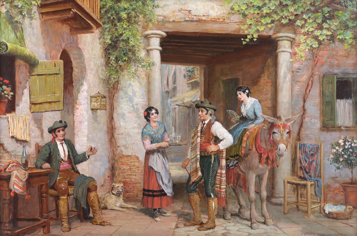 Arthur Trevor Haddon - A Spanish Street Scene with Figures and a Donkey Outside a Taverna