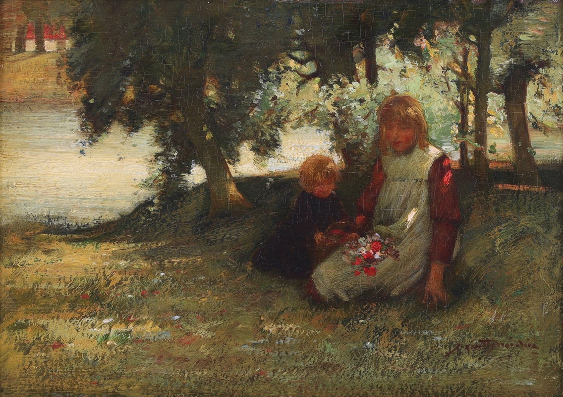 James Coutts Michie -   Children Picking Flowers by a River