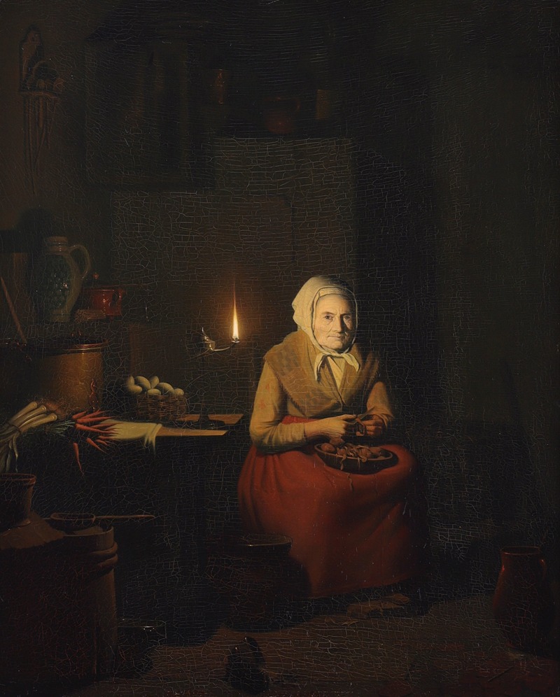 Johannes Rosierse - A Woman Preparing a Meal by Candlelight