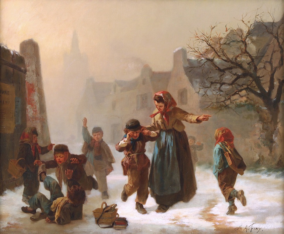 Joseph Athanase Aufray - School Children Play Fighting in the Snow