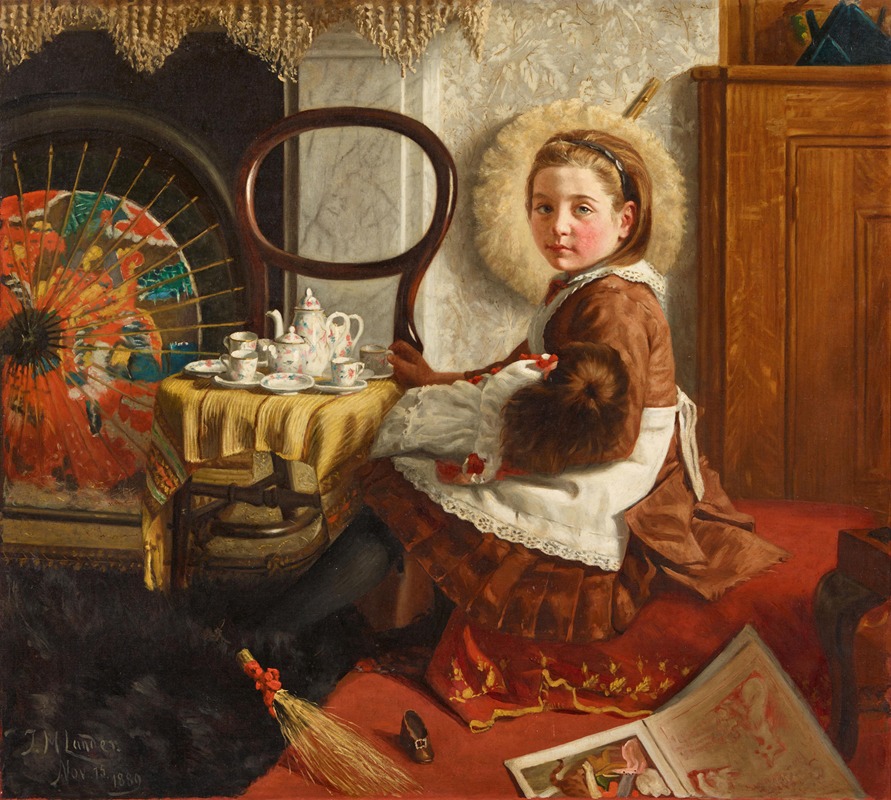 John St. Helier Lander - Portrait der Elsie Esther Cornish im Alter von 7 Jahren, an einem Tisch sitzend mit ihrer Puppe und einem Teeservice