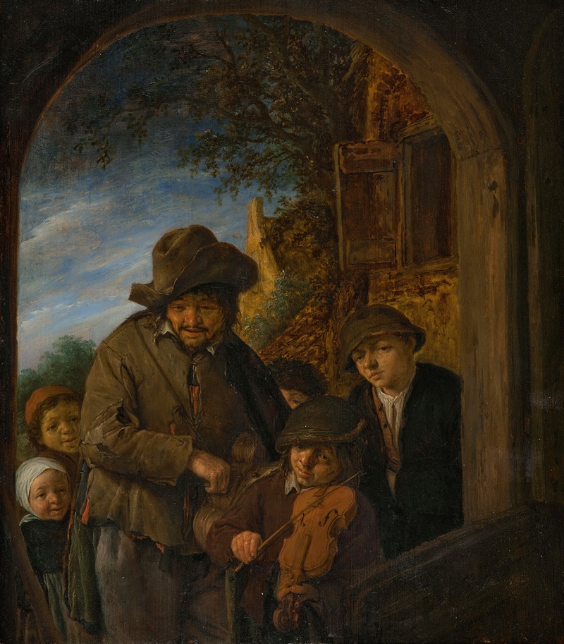 Adriaen Jansz. Van Ostade - A hurdy-gurdy player with a young violinist and four other children in a doorway