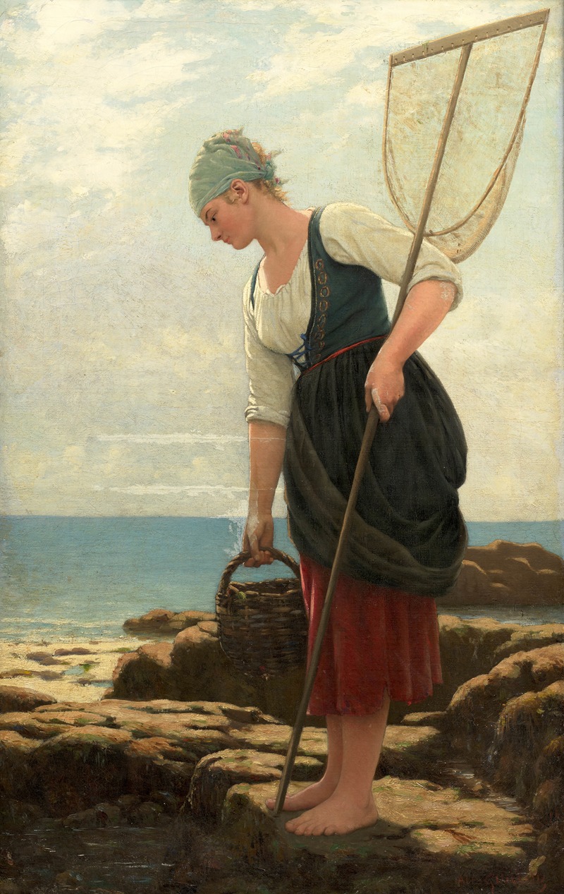 Alfred Guillou - Pêcheuse au filet dans les rochers