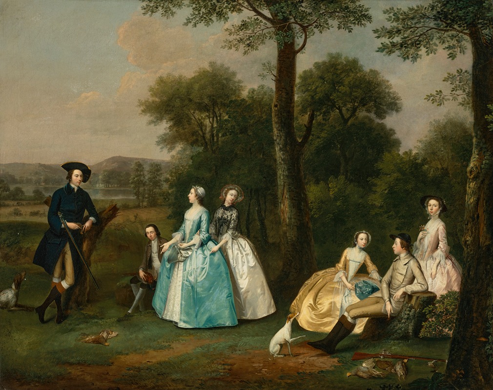 Arthur Devis - Group portrait of Peregrine Bertie, 3rd Duke of Ancaster (1714-1778) with his brothers and sisters, in a landscape