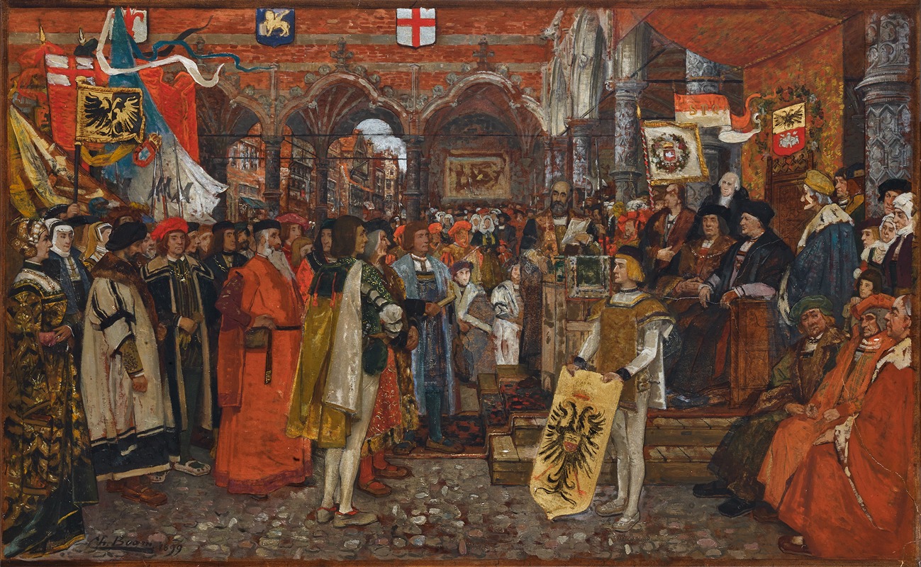 Charles Boom - De nieuwe handelsbeurs voor alle kooplieden door de wethouders ingehuldigd, met aanspraak door den stadspensionaris in 1532