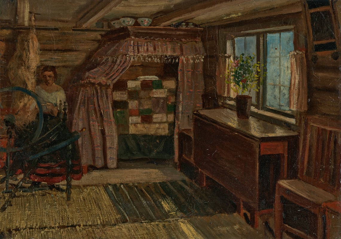 Ernst Josephson - Interior of a Cottage (Stuginteriörer); A Woman spinning