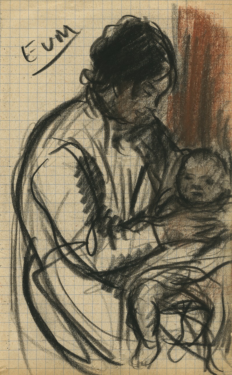 Eugeen Van Mieghem - Een moeder met een kind op haar schoot, haar linker arm is afgebeeld. De vrouw in profiel en de baby in vooraanzicht.