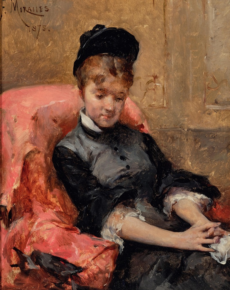 Francisco Miralles y Gallup - A Young Girl Lost in Thought, Sitting in a Red Armchair